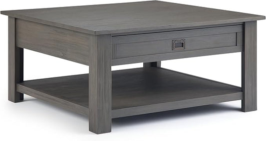 SIMPLIHOME Monroe Square Coffee Table - 38 inch Wide Solid Acacia Wood Living Room Table in Farmhouse Grey, Rustic Cocktail Table for Family Room or Lounge with 2 Drawers and Open Shelf