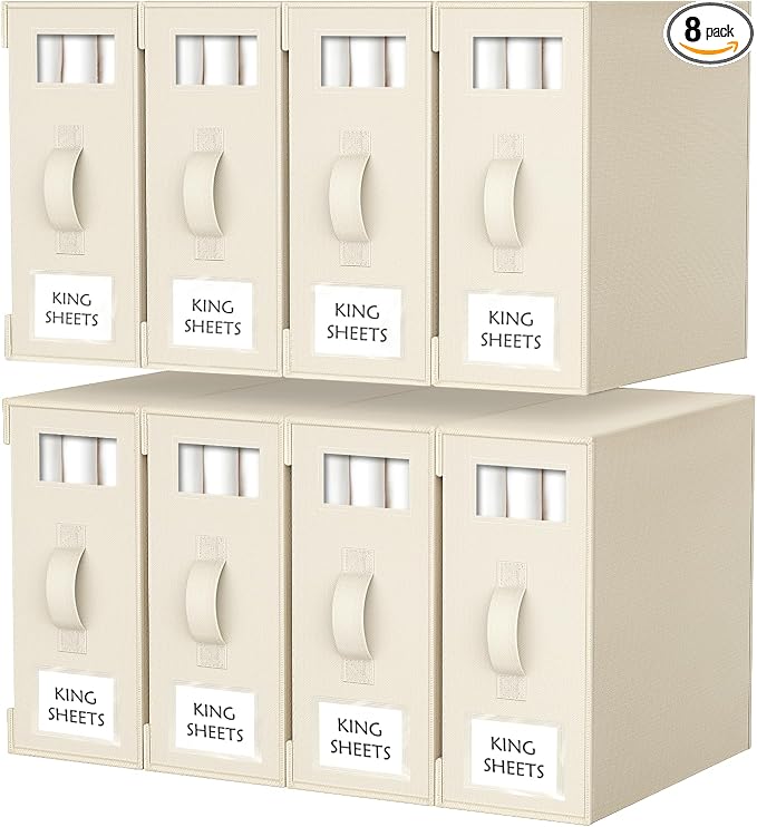 Criusia Bed Sheet Organizers and Storage, 8 Pack Foldable Linen Closet Organizer Box – Bedding Holder for Sheet Set (King/Queen Sizes), Duvet Covers, Blankets (Beige) by Criusia