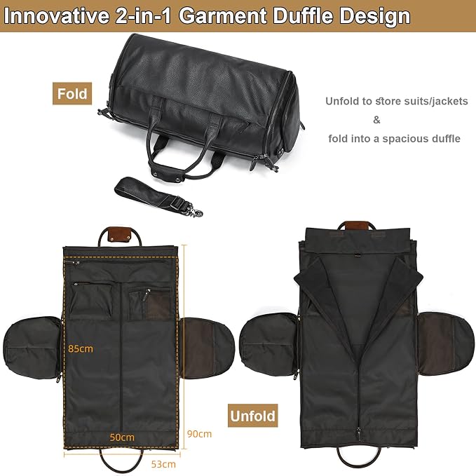 Genuine Leather Travel Duffel Bag for Men, Convertible Carry-On Luggage Hanging Garment Bag for Business & Gym, Large Capacity Weekender Bag with Multiple Pockets (Black) - Image 7