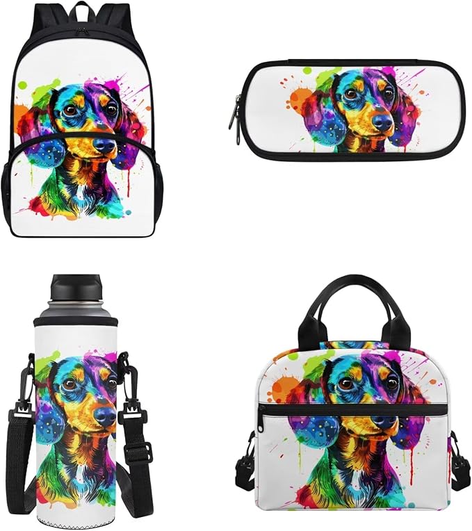 Colorful Dachshund Dog Schoolbag for Boys Girls，4Pcs Dachshund Dog Backpack with Insulated Lunchbag Tote Bag Pen Holder Pouch Water Bottle Carrier Bag by Chririnla