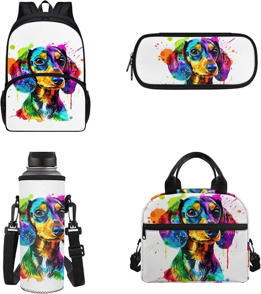 Colorful Dachshund Dog Schoolbag for Boys Girls，4Pcs Dachshund Dog Backpack with Insulated Lunchbag Tote Bag Pen Holder Pouch Water Bottle Carrier Bag by Chririnla