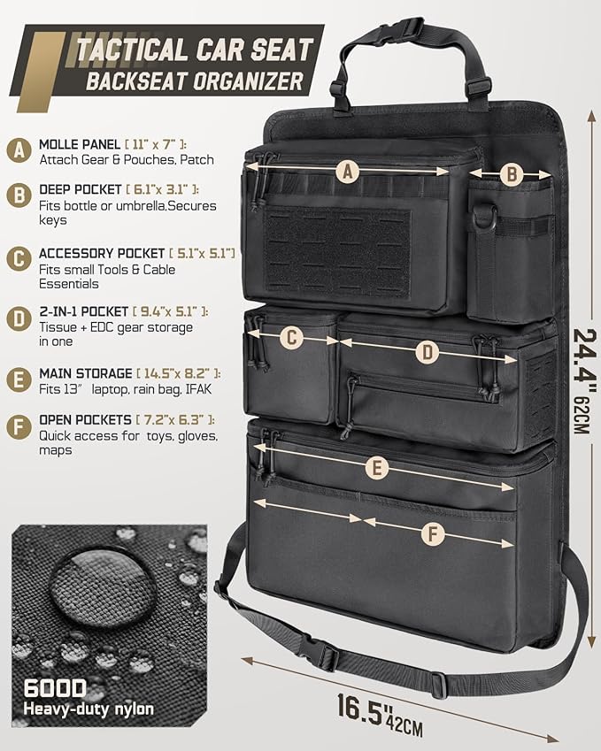 All in One Car Seat Back Organizer Fit Most Cars SUV Trucks Jeeps | Heavy Duty Molle Panel Seat Back Protector with Multi-Pockets Storage, for Tools, Toys, Camping, Travel, Daily Commuting - Image 2