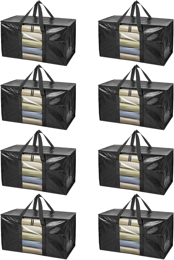 BALEINE 8-Pack Oversized Moving Bags with Reinforced Handles, Heavy-Duty Storage Tote Moving Supplies for Packaging, Camping (Black w/Window, 8-Pack) by BALEINE
