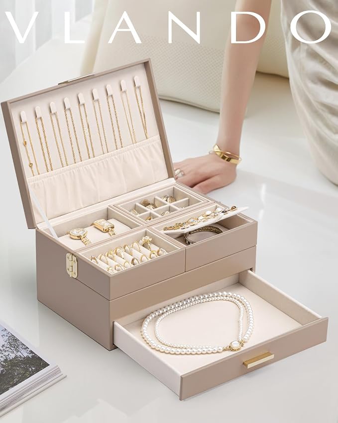 VLANDO 3 Layer Jewelry Box - Women Jewelry Box with Retractable Tray - Jewelry Organizers with Drawer for Necklaces, Rings, Bracelets, Earrings, Gift for Couples Mom Girls - Toffee - Image 2