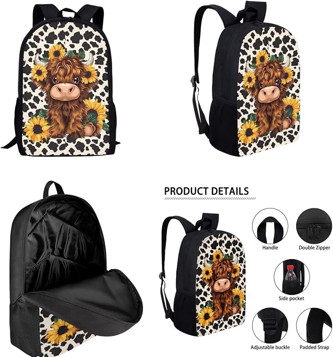Highland Cow Print Girls Backpack with Lunch Box and Water Bottle Holder Sunflower Bookbags for 1st Grade Kids 4-6/6-8 Elementary School Back Pack Lunch Bag Pencil Case Book Bags Lunchbox - Image 2