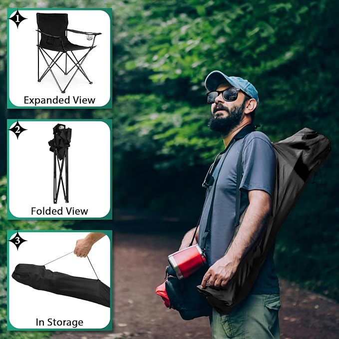 HaSteeL Camping Chair, Oversized Folding Lawn Chair for Adults, Foldable Camp Chair with Cup Holders Portable for Outdoor Fishing, Hiking, Travel, Picnic, Beach, Carrying Bag & Supports 275lbs (Black) - Image 6