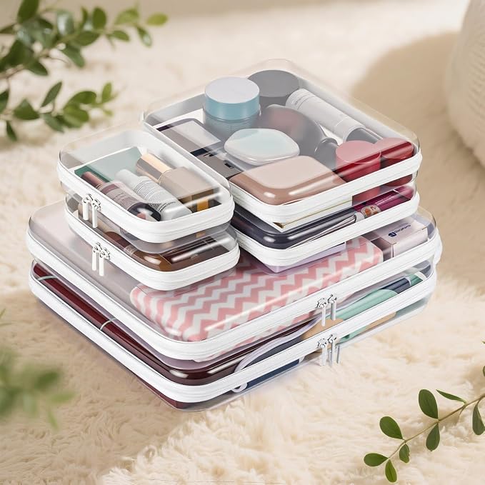 6Pcs Clear Hard Shell Zipper Case Set Travel Organizer, Hard Plastic Zipper Pouches White Storage for Makeup, Toiletry, Office Supplies & Kids Toys - Image 2