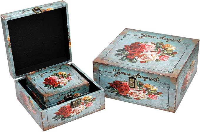 Jolitac Wood Storage Box Set of 3, Vintage Decorative Nesting Boxes Wooden Treasure Storage Crates With Latch, Home Decor Rustic Antique Boxes With Lid for Photos, Jewelry, Cash (Bloom) - Image 3