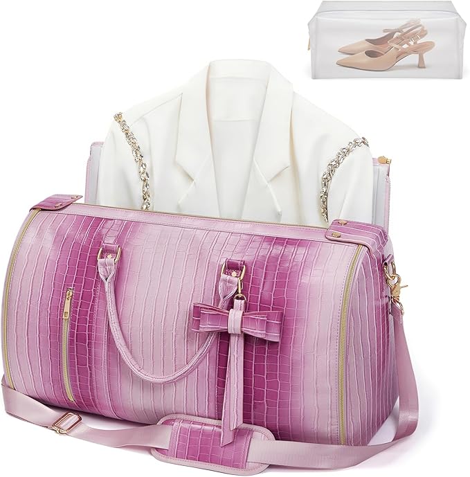 Convertible Garment Duffle Bag for Women, Foldable 2-in-1 Carry On Travel Bag with Shoe Compartment & Toiletry Pocket, PU Leather Stylish Garment Bags for Business Trip, Vacation, Pink-White by STHMEOOHT