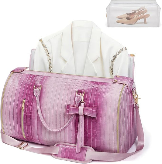 Convertible Garment Duffle Bag for Women, Foldable 2-in-1 Carry On Travel Bag with Shoe Compartment & Toiletry Pocket, PU Leather Stylish Garment Bags for Business Trip, Vacation, Pink-White by STHMEOOHT