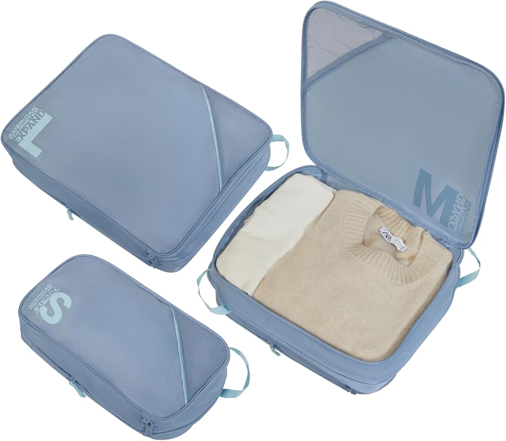 American Tourister Packing Cube Set of 3 - Suitcase Organiser for Holidays, Luggage Organiser for Suitcases, Hand Luggage and Backpack, Stone Blue/Blue - Image 2
