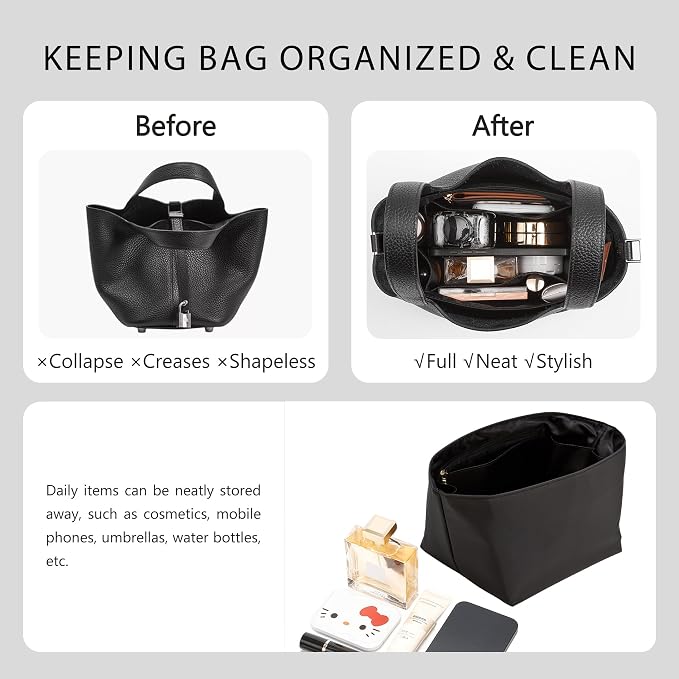 Picotin 22 Bag Insert Premium Nylon, Luxury Smooth Picotin 22 Purse Organizer Insert with Zipper Pockets, Smooth Zipper Inner Liner for Women's Handbags (PC22, Black) - Image 5