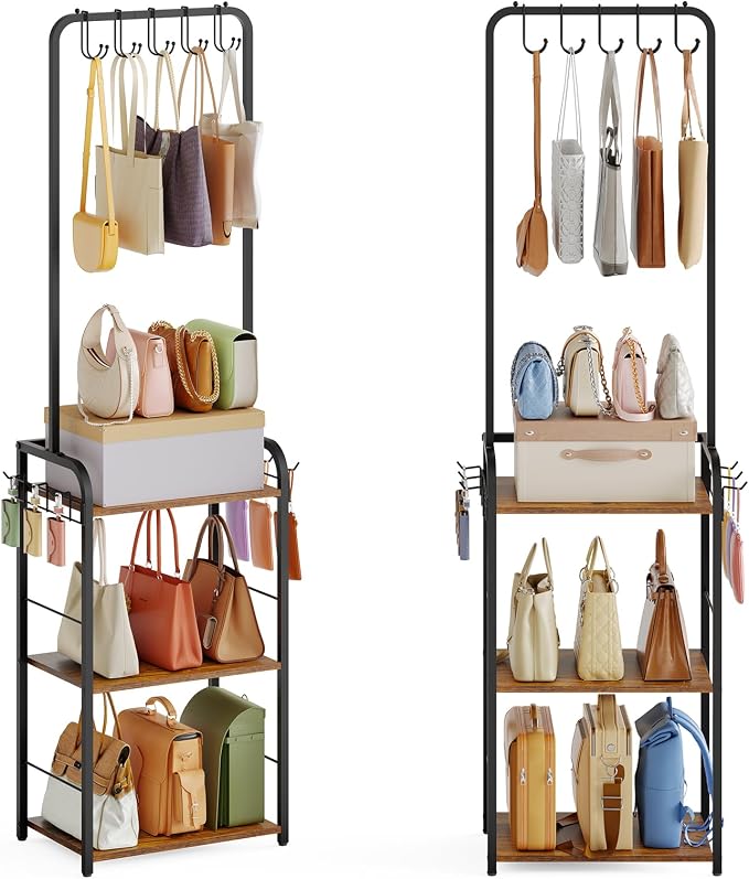 Floor-Standing Purse Organizer for Closet with 5 Hangers & 6 Side Hooks, Tall Purse Rack Stand for Purse Storage, High-Capacity Handbag Organizer, Multi-Purpose Purse Storage Organizer for Small Place by Hayexiha