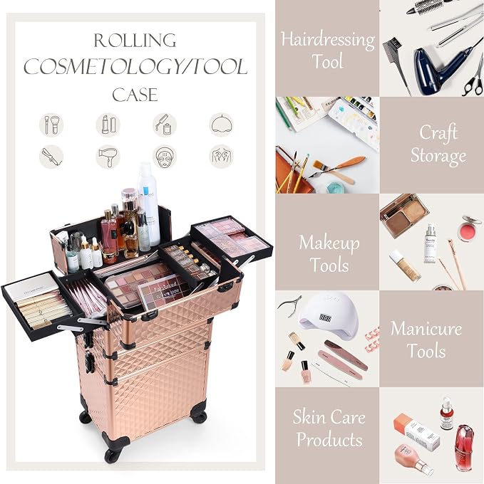 3 in 1 Professional Rolling Makeup Train Case Aluminum Trolley Case with 360° Rotation Wheels for Makuep Artist Cosmetic Suitcase Organizer with Lock and Key Diamond Pattern - Rose Gold - Image 4