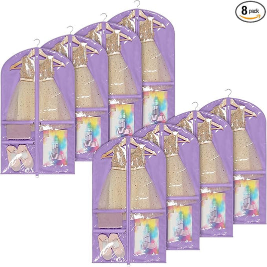 Univivi Kids Garment Bags for Dance Costumes With Full Zipper, Garment Bags for Hanging Clothes With 3 Medium Clear Zipper Pockets for Dance Costume Storage (Purple) - 8 Pack by Univivi