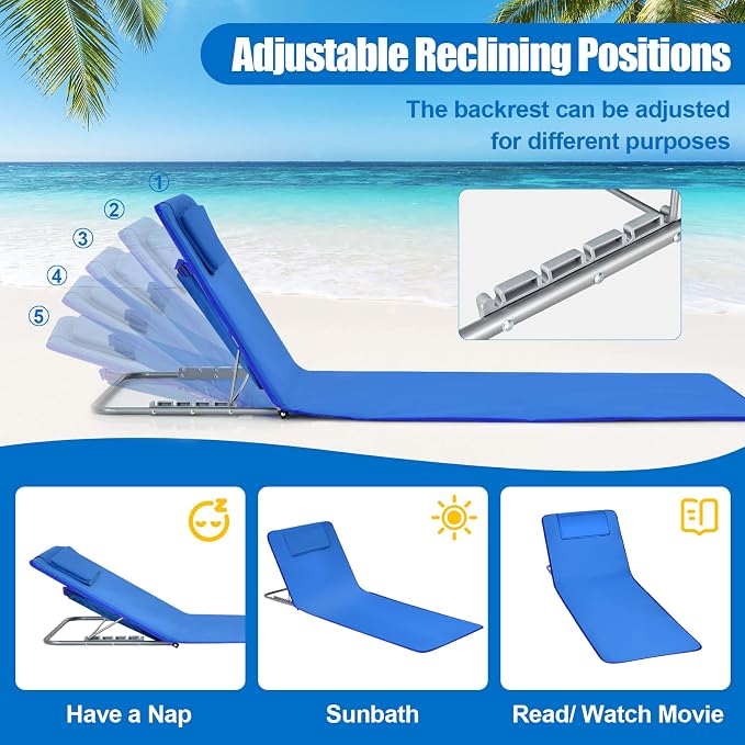 GYMAX Beach Chairs, Folding Tanning Lounge Chairs with Table Set, Adjustable Patio Floor Chair, Outdoor Sunbath Chair with Desk, Pillow & Storage Bag for Outside, Patio, Poolside (Blue) - Image 2