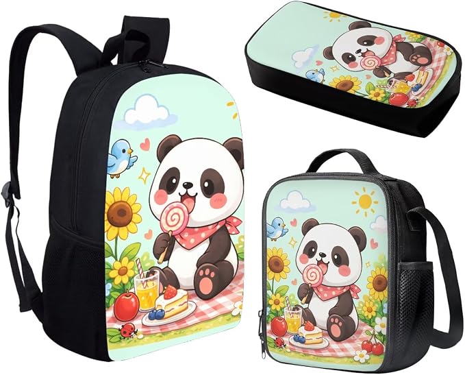 Forchrinse Cartoon Panda Backpack with Lunch Box Cute Backpacks Back to School for Girls 8 to 12 Kids Lunchbox Pencil Case 17 Inch School Bag and Lunch Bag for Girls Primary Middle School - Image 2