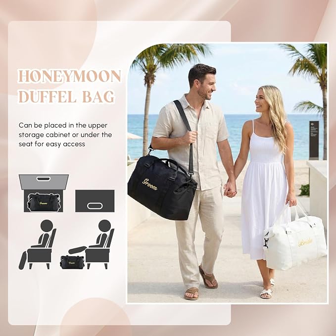 Sanwuta 4 Pcs Bride Groom Duffel Bag Set 2 Honeymoon Travel Bags with 2 Toiletry Pouches Weekender Gym Tote for Couple Wedding Engagement Valentines His Hers Gifts Bridal Shower Gifts - Image 6