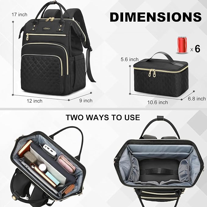 AIJIEKE Lunch Backpack for Women, 15.6 Laptop Backpack, Lunch Box, Black | Water resistant computer bag with insulated leakproof cooler. Travel meal prep backpack for nurse, teacher, college commute - Image 6