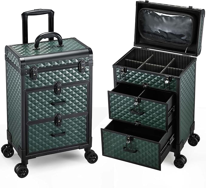 Professional Rolling Makeup Train Case with Drawers, Makeup Case on Wheels, Nail Tech Rolling Cart Storage Organizer Trolley Make up Case for Travel Makeup/Nail Art/Hair Styling, Dark Green by AdazzoRollingMakeupCase