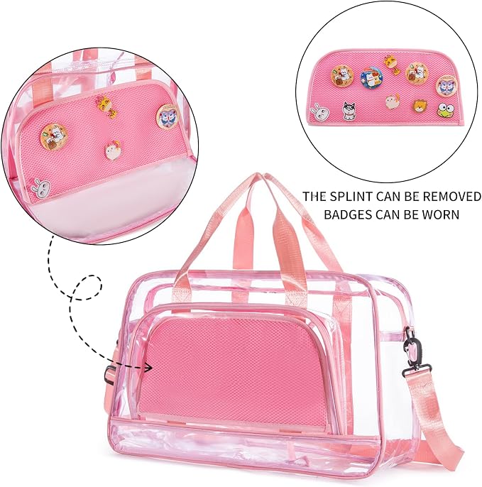 Clear Duffle Bag for Women with Anime Pins Display & Shoe Compartment, Waterproof and Convertible Crossbody for Anime Conventions, Stadium Events, Yoga, Travel & Gym (pink) - Image 2