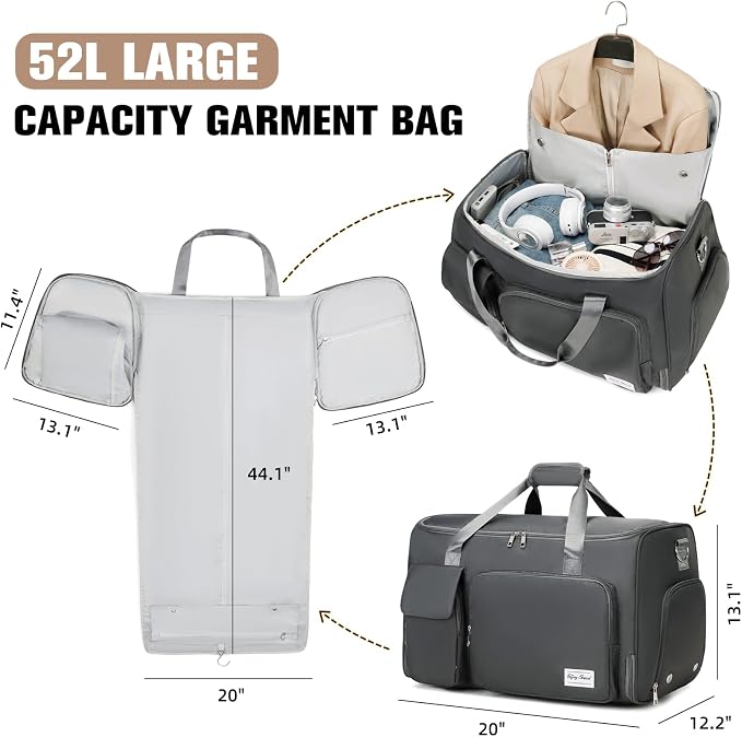 ACESAK Garment Bags for Travel, 2 in 1 Convertible Carry On Duffle Bag Suit Bags Foldable Backpacks with Shoe Compartment & Toiletry Bag, Hanging Bags for Clothes Dress Suit for Men Women Gift (Grey) - Image 2
