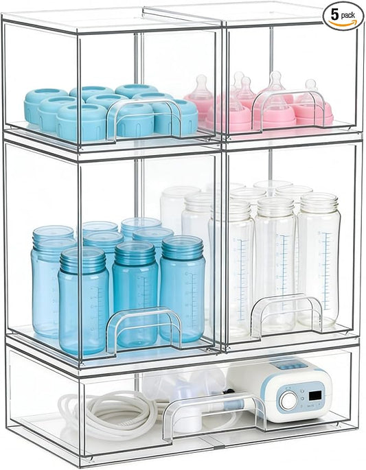 Baby Bottle Organizer, Large Capacity Stackable Acrylic Storage with Non-Slip Pads, for Baby Bottles, Pump Parts, Kitchen Countertop, Pantry, Vanity, 5-Piece by Gajiuhon