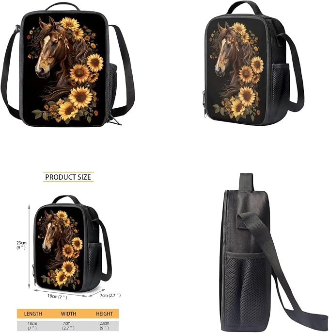 Sunflower Horse Backpack for Girls Kids Backpack with Lunch Box Water Bottle Pouch and Soft Pencil Case 4PCS Set Bookbag with Front Pocket for School Teens 17 inch School Bag with Side Pocket - Image 4