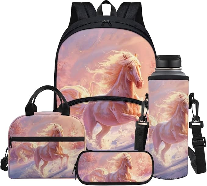 Snow White Horse Print 17 Inch Backpack for Kids Large Capacity Bookbag with Thermal Insulated Lunch Box Pencil Case & Water Bottle Cover 4 in 1 by Glomenade
