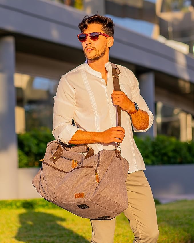S-ZONE 65L Expandable Canvas Duffle Bag Travel Overnight Holdall Weekend Bag with Shoes Compartment Large Carry On Bag Tote Gym Bag for Men Women, Light Gray, X-Large, Travel Duffle | Water-resistant, X-Large Size, Multi-Pockets, Removable Shoulder Str... - Image 2