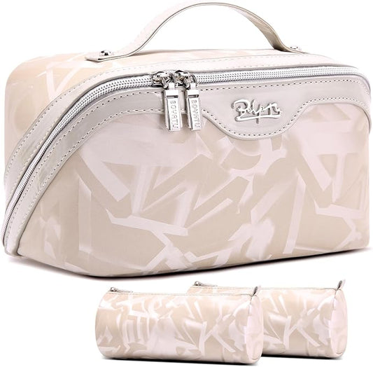 BOYATU Travel Makeup Bag for Women: Y2K Aesthetic Personalized Glossy 3 Pcs Set Cosmetic Organizer Bag - Trendy Statement Toiletry Pouch for Forward Women - Stand Out at Festivals & Trips(D-5-Apricot) by BOYATU