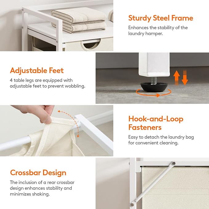 Lifewit Laundry Hamper 4 Section, 168L Pull out Laundry Clothes Basket Organizer with Large Top Shelf and 4 Removable Bags and Handles for Laundry Room Bedroom Bathroom, White with A Shelf - Image 4