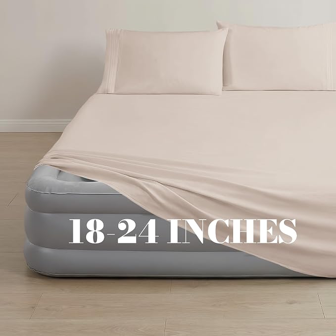 Mocassi 4-Piece Extra Deep Pocket 16-24 Inch Air Mattress Bed Sheet Set- 4PC Sheet Set with Smart Pockets Ideal for Air Beds, RVs, Camping and Guest Rooms Premium Hotel Quality, Full, Cream - Image 3