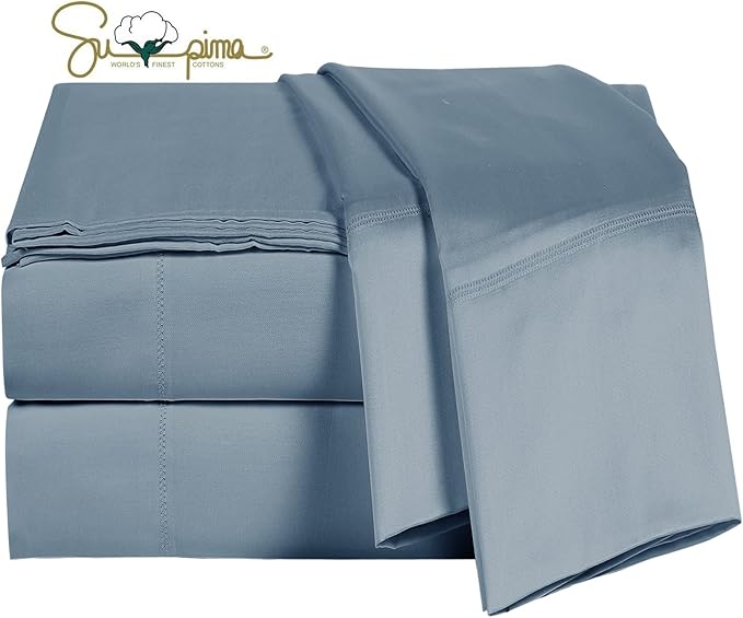 100% Supima Cotton Sheets 600 Thread Count,Bed Sheet Set Queen Size Sheets 4 Pieces,Soft & Silk Sateen Weave, Fits Mattress Up to 18",Deep Pocket, Breathable & Fade Resistant(Blue Grey,Queen) by ELINEN