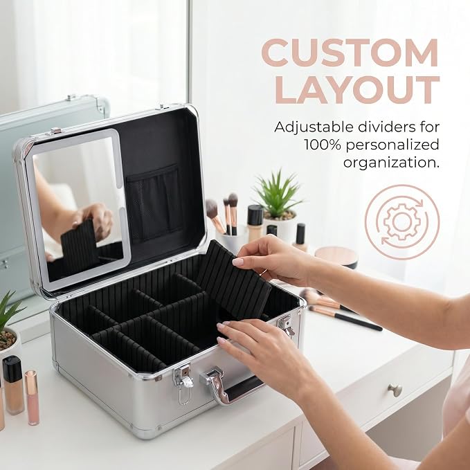 CHENGLIN Extra Large 15 inches Makeup Case with Lighted Mirror – Cosmetic Organizer with Adjustable Dividers, Magnetic LED Mirror, Portable Makeup Suitcase for Women (Silver) - Image 3