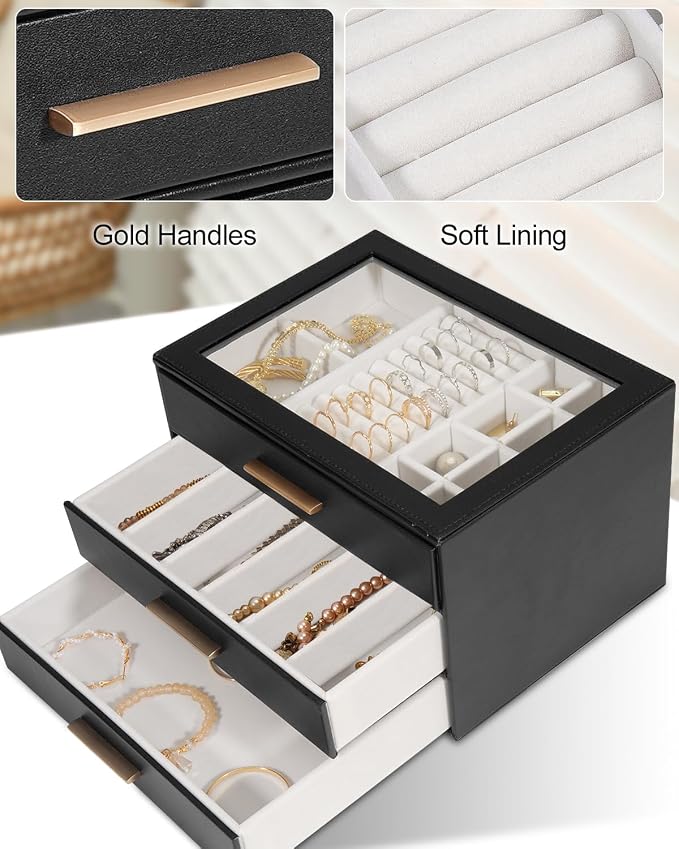 GUOER Jewelry Box for Women, Glass Lid Jewelry Organizer with 3 Drawers PU Jewelry Storage Case for Necklaces Rings Earrings Bracelets, Black - Image 6