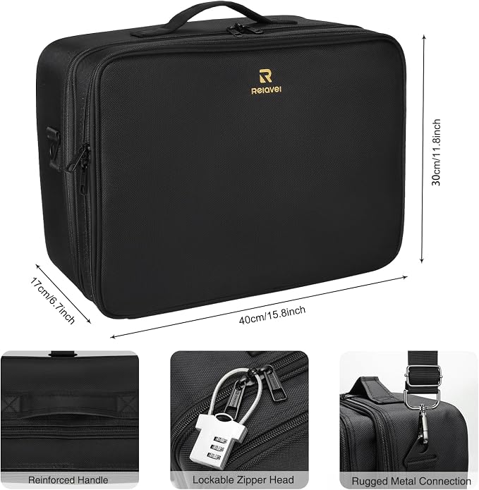 Relavel Extra Large Makeup Case with Plastic Dividers Washable and Easy to Clean, Travel Makeup Train Case Professional Makeup Artist Bag Portable Nail Organizer Box Art Supply Case (Black) - Image 4