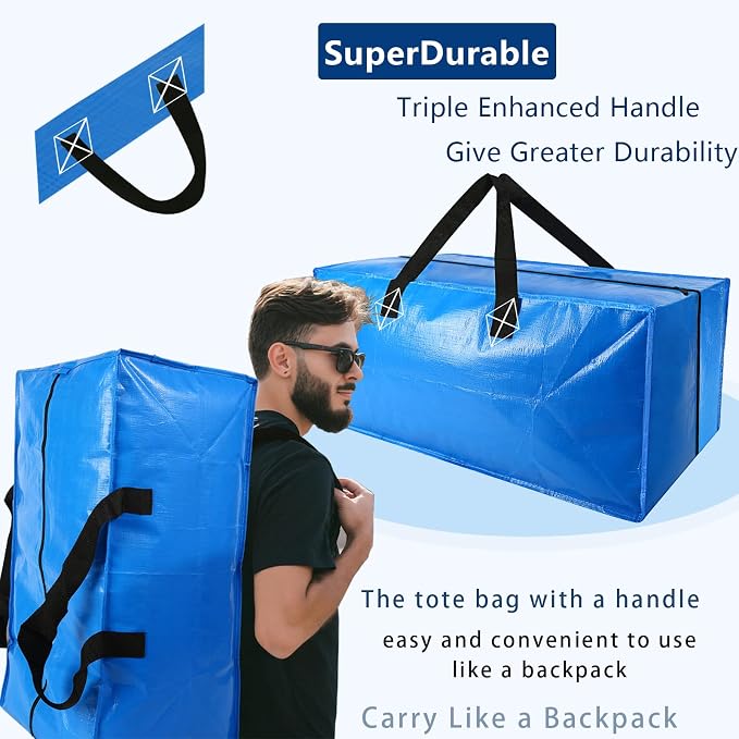 Heavy Duty Extra Large Blue Moving Bags with Strong Zipper Backpack Handles | 10 Pack Clothes Storage Bags Totes Space Saving Moving Boxes Bins Packing Bags for College Dorm Compatible with Ikea Frakta - Image 3
