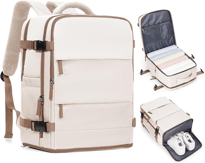 Travel Backpack Carry on Flight Approved Mochila De Viaje Personal Item Backpack for Airlines Frontier Airlines Personal Item Bag Large Backpack for Travel Backpacks for Men Women Beige with Brown by coofay