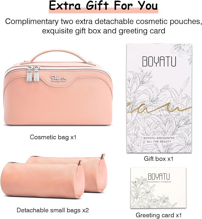 BOYATU Travel Makeup Bag Organizer Cosmetic Bag: 3 Pcs Set Make up Bags for Women with Handle - Waterproof Vegan Leather Toiletry Bags Travel Essentials Pouch with Compartments (C-05-Pink) - Image 7