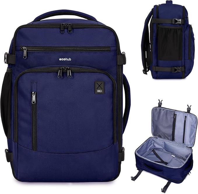 ECOHUB 19" Large Travel Backpack, Carry on Luggage Airline Approved, Water Resistant Rucksacks Fit 15.6" Laptop, AirTag Pocket, Lightweight Casual Daypack, 34L, Blue by ECOHUB