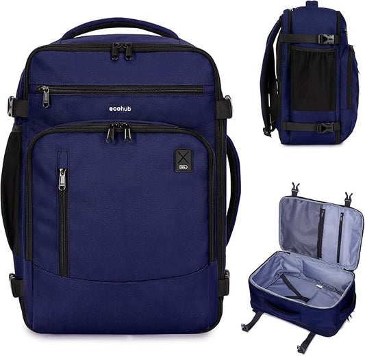 ECOHUB 19" Large Travel Backpack, Carry on Luggage Airline Approved, Water Resistant Rucksacks Fit 15.6" Laptop, AirTag Pocket, Lightweight Casual Daypack, 34L, Blue by ECOHUB