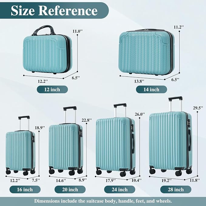 Ice Blue 6 Piece Luggage Set Hard Shell - Lightweight Checked Suitcases with Spinner Wheels and Cosmetic Cases for Family Travel, Durable Carry On Luggage Sets with Lock for Women and Men - Image 2