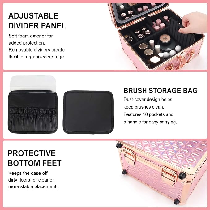 Makeup Case with LED Mirror, Portable Lockable Vanity Case, Travel Makeup Train Box for Women, Cosmetic Organizer, Detachable 3-Color Lighted Mirror, Adjustable Dividers, Brush Holder - Image 4