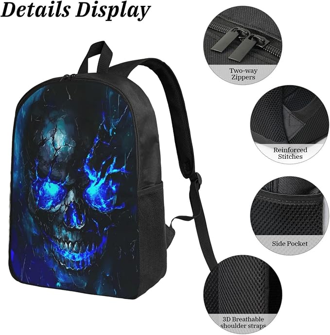 Skull Kid Backpack Set with Lunch Bag & Pencil Case Large Capacity School Bag 17 Inch Bookbag for Boy Girl - Image 5