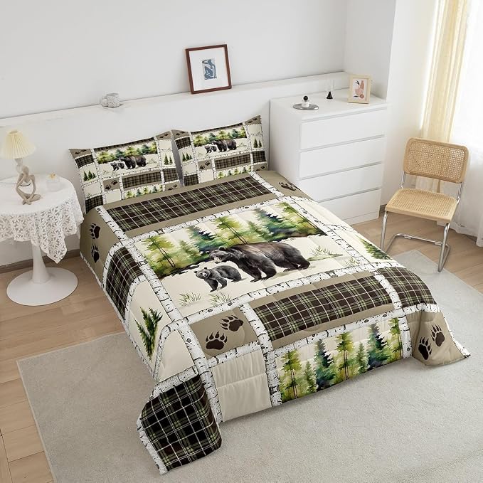 Erosebridal Bear Comforter Set Rustic Hunting Animal Bedding Set Twin Farmhouse Jungle Quilt Set Plaid Lattice Patchwork Artwork Duvet Insert with 1 Pillowcase Cabin Gift Microfiber Cozy - Image 5