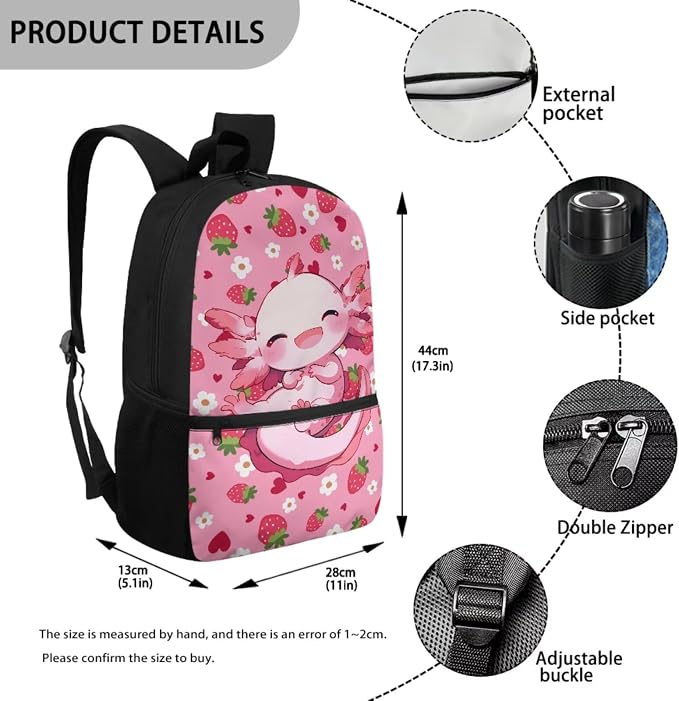 Axolotl Backpack Kids Backpack Set with Lunchbox Pencil Case and Bottle Holder Bookmark Strawberry Bookbag Set of 5 Printed Matching 5Pcs Bookbags Set for Girls Boys - Image 3