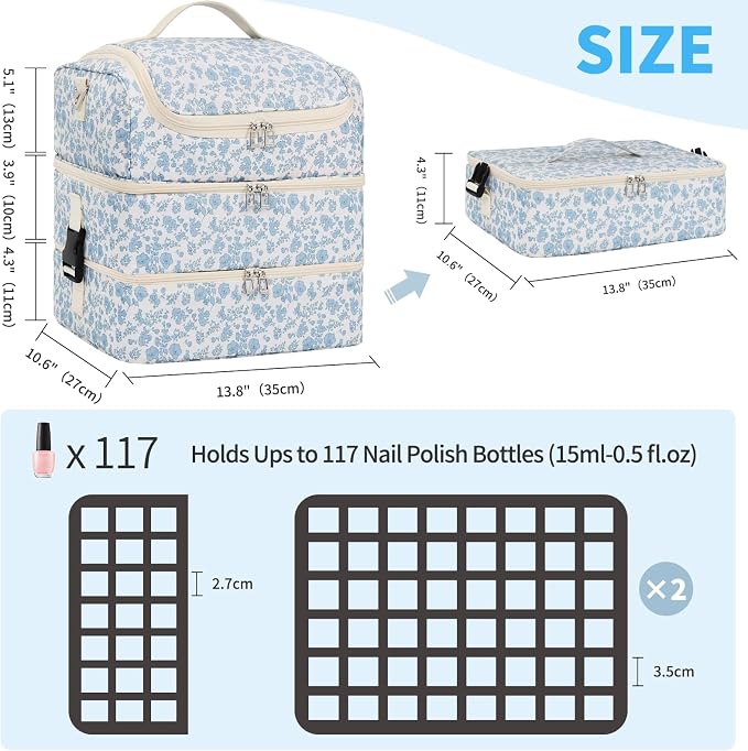 Extra Large Nail Polish Organizer - Three Layer Nail Organizers And Storage Bag, Portable Nail Supplies Organizer Case, Nail Tech Kit Travel Carrying Box with Shoulder Strap (Floral Blue, 117 Slots) - Image 7