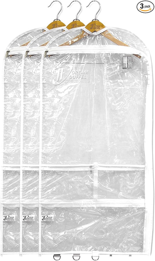 Clear Garment Bags for Dance Costumes 3-Pack, Regular-Size, Side Zipper Entry, Storage Pockets for Shoes & Accessories, Size 37”x18”, Dream Duffel by DreamDuffel