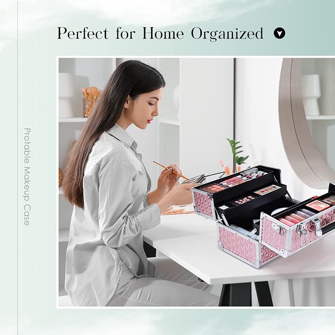 Joligrace Makeup Train Case Professional Cosmetic Organizer Aluminum Storage Box with 4 Adjustable Dividers Trays Lockable Portable with Shoulder Strap - Image 7
